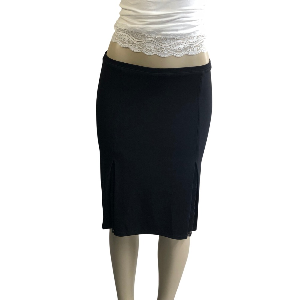 Vintage Y2K Black Slit Midi Skirt Mesh Panels Office Siren Evelyn Petite PS